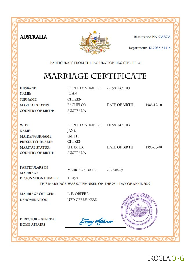 Modèle Word et PDF de certificat de mariage en Australie